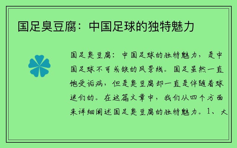 国足臭豆腐：中国足球的独特魅力